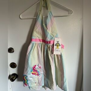 Rare Editions Pastel Striped Halter Dress with Unicorn Applique - Pink Accent